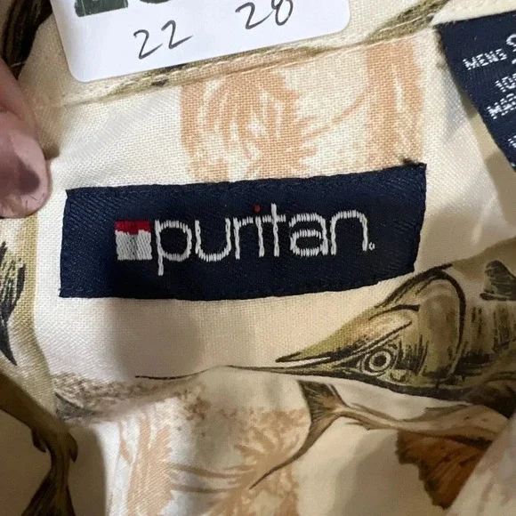 Puritan Mens Brown Marlin Fish Hawaiian Button Down Shirt Small Short Sleeve - Picture 2 of 9